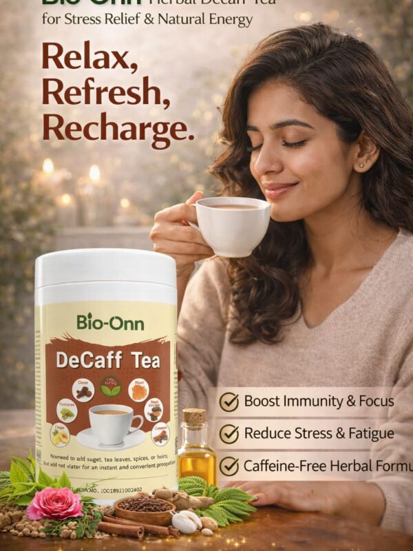 Bio-Onn Herbal Decaff Tea and Ayurvedic caffeine-free tea premix.