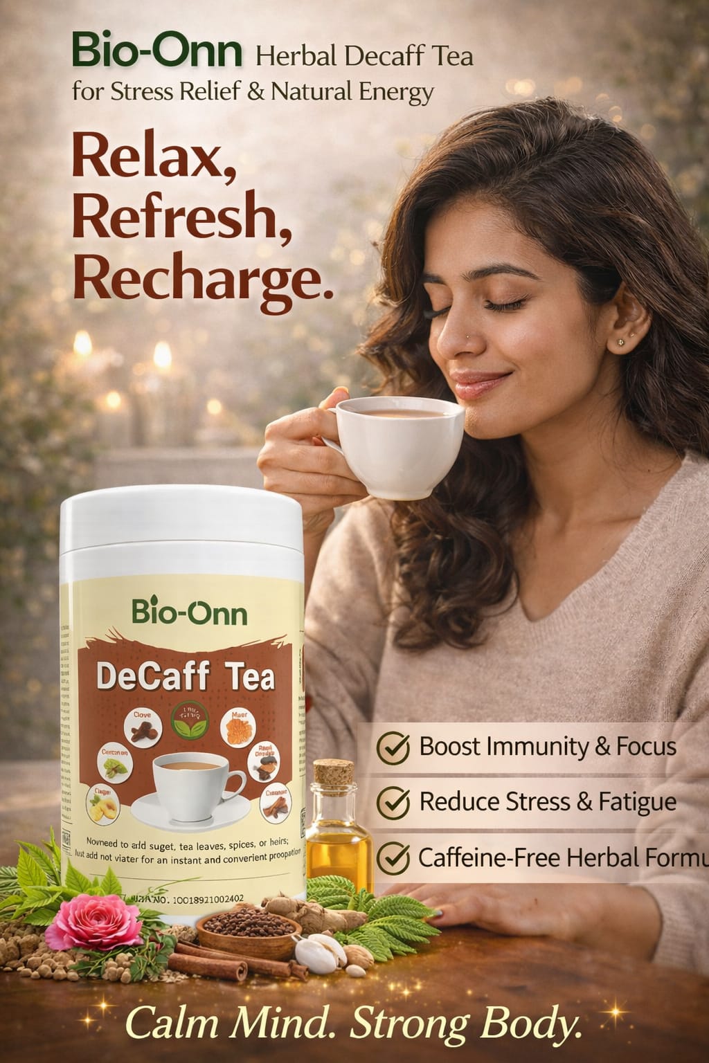 Bio-Onn Herbal Decaff Tea and Ayurvedic caffeine-free tea premix.